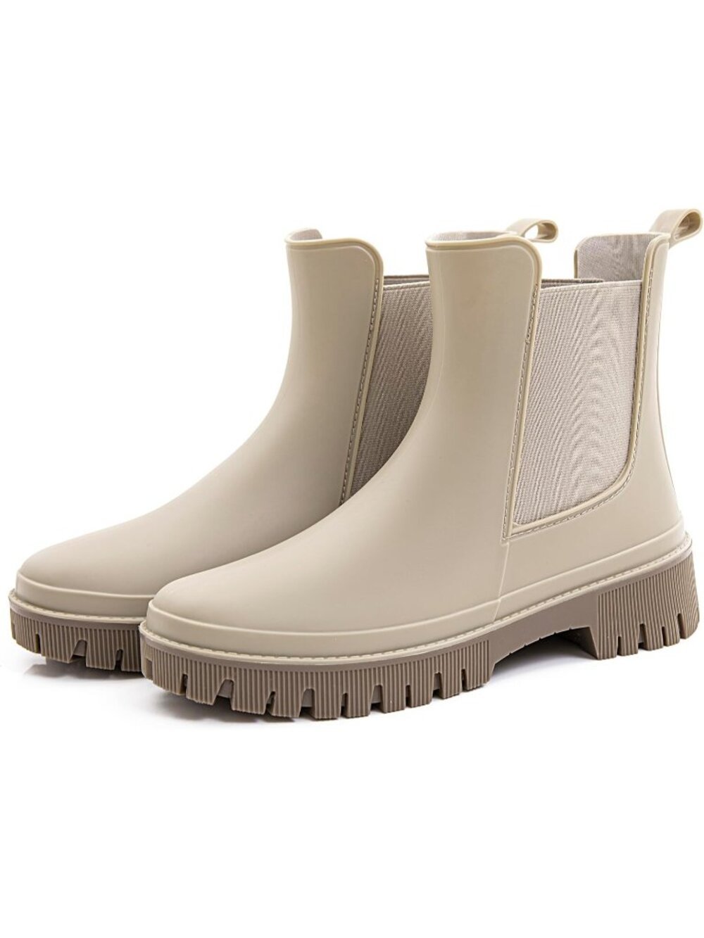 🆕Women's Beige Chelsea Rain Boots Waterproof Lug Sole Ankle Shoes
